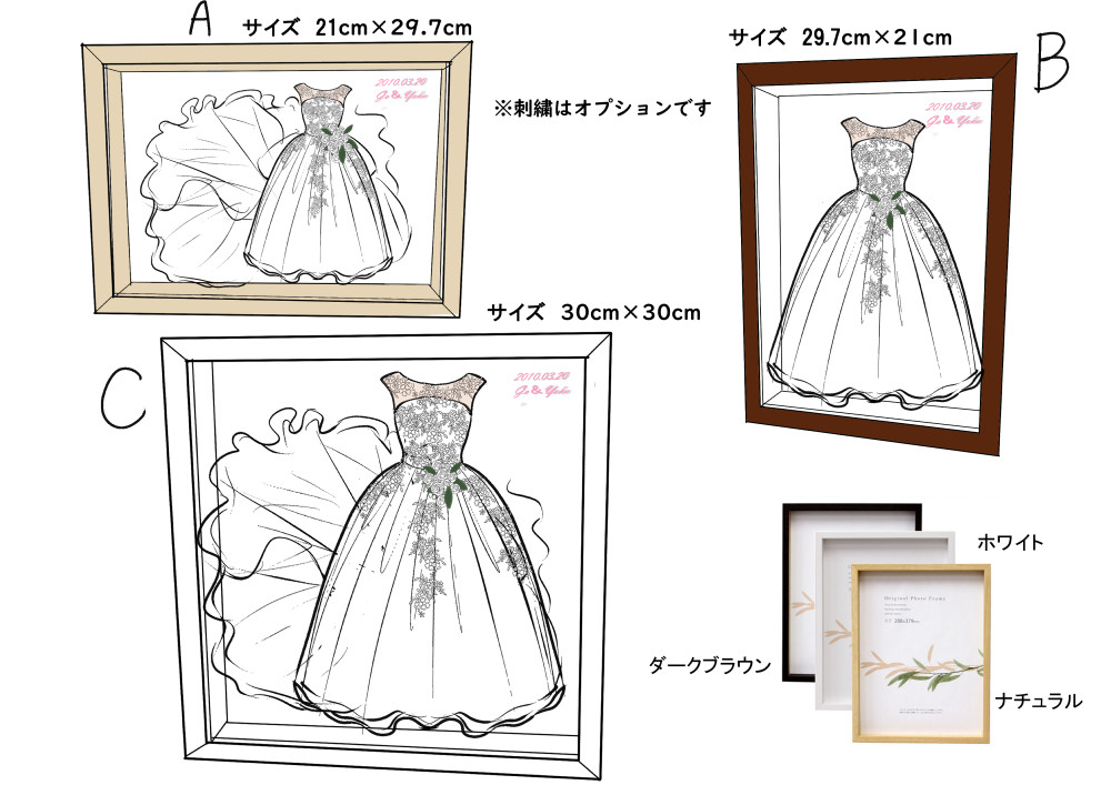 フレーム入りミニチュアドレスの制作イメージ（A4サイズ・30cmフレーム）