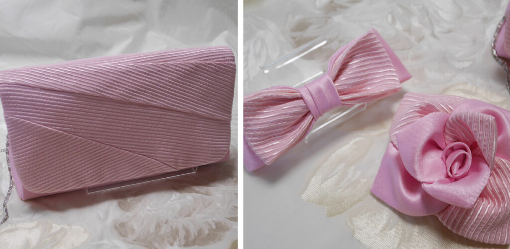 ドレスの生地を活かして制作したコサージュとリボンの髪飾り