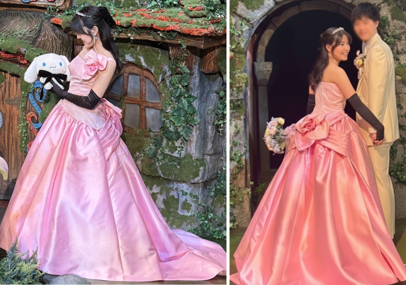 胸元に大きなバラがあしらわれたピンクのウェディングドレス(リメイク前)