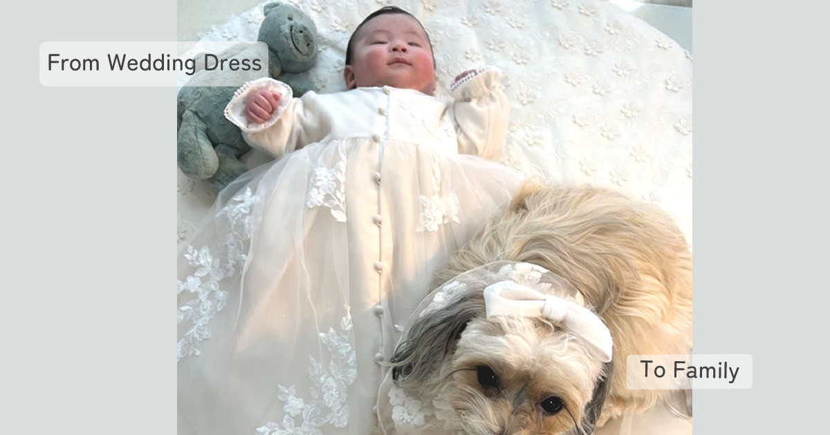 ウェディングドレスリメイク事例｜ベビードレスと犬用スタイ・ヘッドリボン